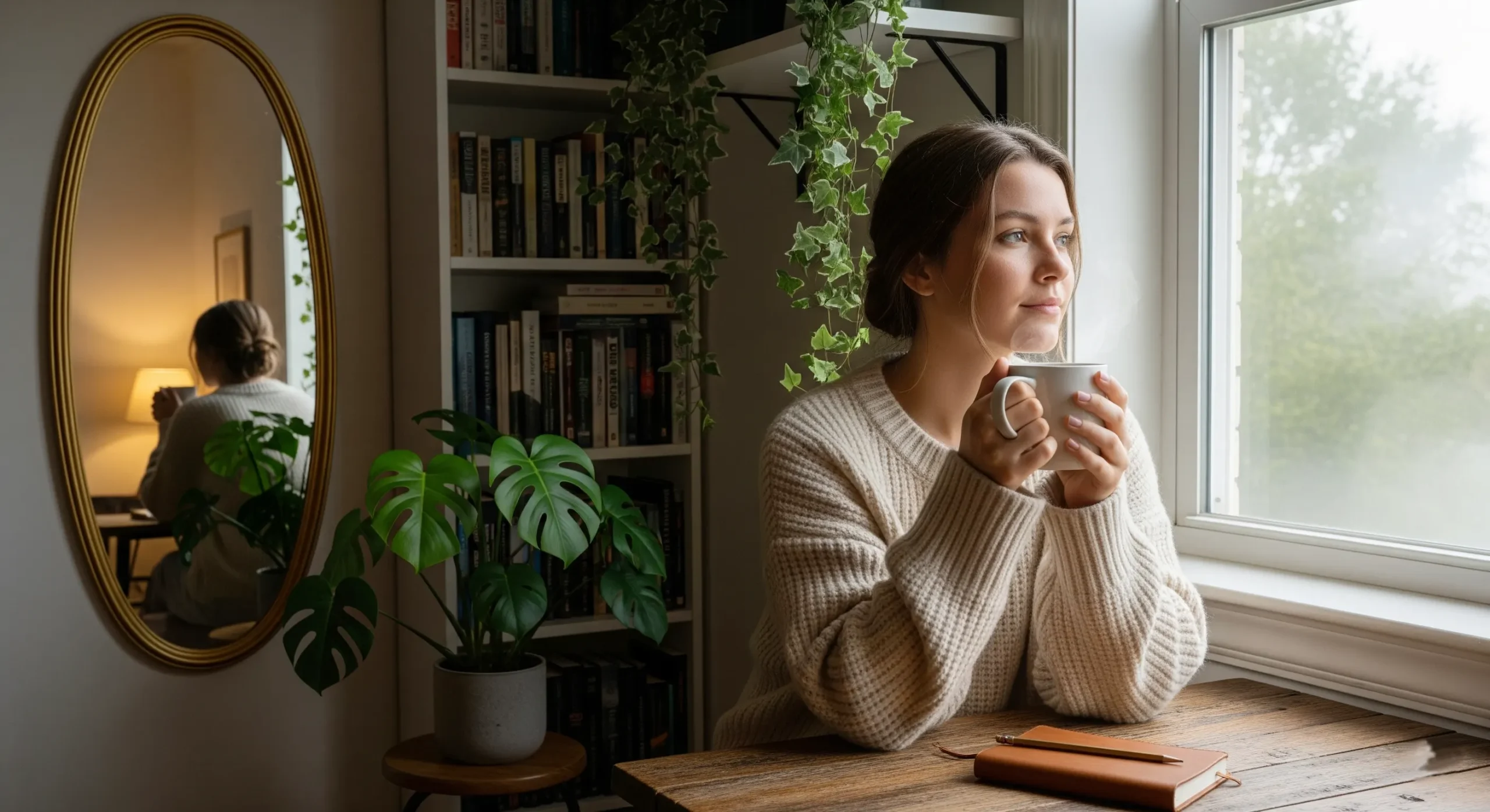 Aquí tienes una descripción optimizada para SEO de la imagen: `mujer joven relajada ventana té suéter acogedor interior lectura meditación y autocompasión