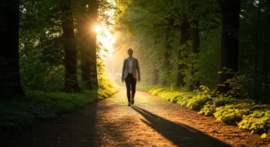 Persona caminando con confianza por un camino soleado en un bosque, simbolizando la sanación y un nuevo comienzo después de una relación tóxica.